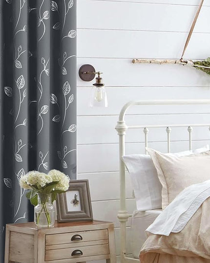 BUHUA Heat Blocking Curtains, Black Out Curtains 72 Inch Long 2 Panels Burg, Soundproof Curtains with Silver Leaf Printed (52 x 72 Inch,Grey,Set of 2 Panels)
