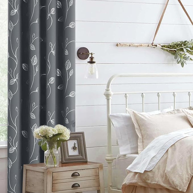 BUHUA Heat Blocking Curtains, Black Out Curtains 72 Inch Long 2 Panels Burg, Soundproof Curtains with Silver Leaf Printed (52 x 72 Inch,Grey,Set of 2 Panels)