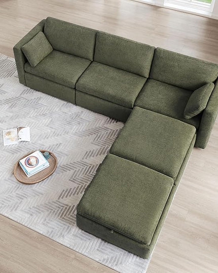 CHITA Oversized Modular Cloud Sectional Fabric Sofa Set, FSC Certified U Shaped Couch Reversible Chaise Modular Sectional,112 inch Width,5 Seat Modular Sofa Includes 2 Storage Ottomans, Moss Green