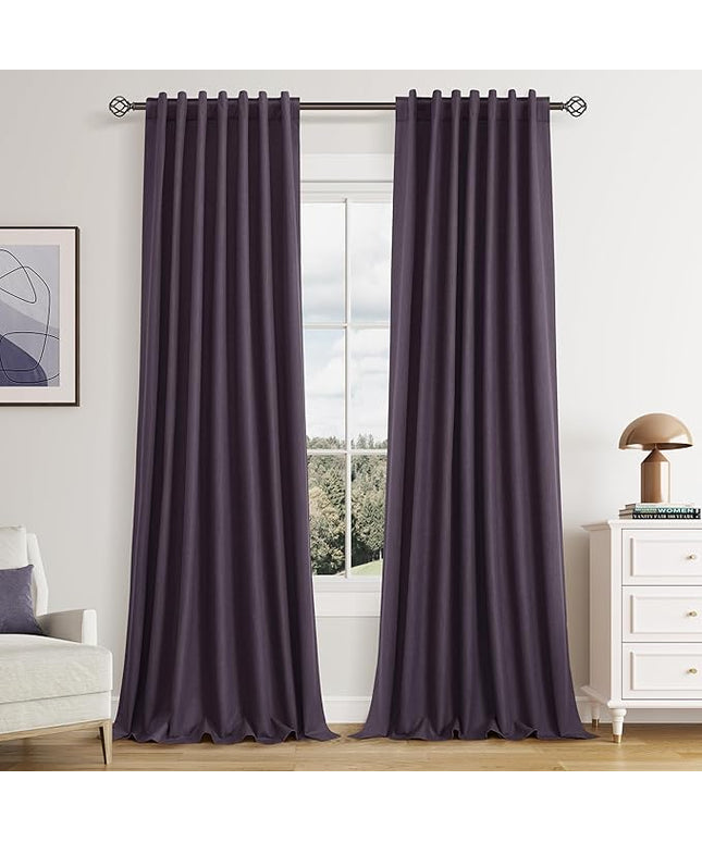 Guken Blackout Curtains 96 Inch Length 2 Panels Set for Living Room Bedroom Back Tab Thermal Insulated 100% Black Out Linen Drapes Room Darkening Window Curtains 96 Inches Long,Plum
