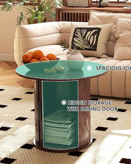 COSVALVE Round Wood Coffee Table 23.6IN with Hidden Storage & Sliding Door, Circle Farmhouse Side Table Sets for Living Room, Bedroom, Balcony, Small Spaces, Walnut