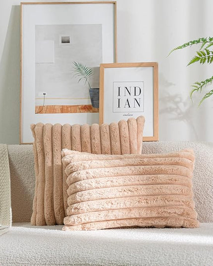 DEELAND Pack of 2,Double-Sided Faux Fur Plush Decorative Throw Pillow Covers Fuzzy Striped Soft Pillowcase Cushion Covers for Sofa Couch Bedroom