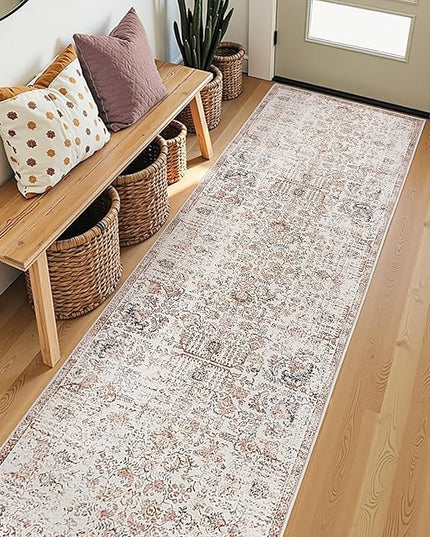 jinchan Kalen Runner Rug 2x8 Washable Hallway Rug Vintage Indoor Thin Retro Floor Cover Distressed Floral Country Lightweight Non Slip Carpet for Entryway Bathroom Bedroom Living Room Stairway Red