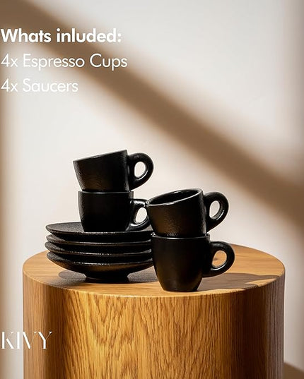 KIVY 3 oz Espresso cups set of 4 - Thick walled stoneware espresso cup set - Italian style cups and saucers - Demitasse cups set of 4 - Espresso mugs black - Coffee shot cups & saucers