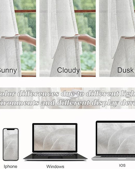 45 Inch Length Greyish White Sheer Linen Curtains for Kitchen Bedroom Bathroom Window,34 Inch Width Pocket Back Tab Semi Privacy Short Drapes for Laundry Basement Farmhouse Decor 34x45 Inch Length