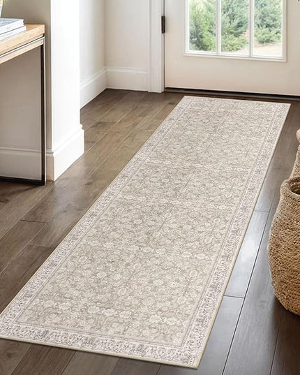 2x6 Washable Runner Rug for Hallways, Cream Beige White Grey Soft Neutral Vintage Kitchen Rugs with Non-Slip, Non-Shedding Distressed Floral Rug for Bedroom Kitchen Porch Laundry Entryway