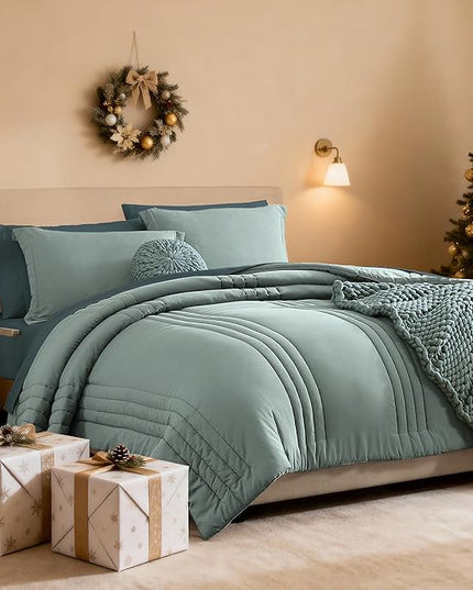 Monbix Oversized Queen Comforter Set - 7 Pieces Sage Green Bed in a Bag Oversized Queen Bedding Sets with Comforters, All Seasons Down Alternative Comforter Bed Set with Sheets,Pillowcases & Shams