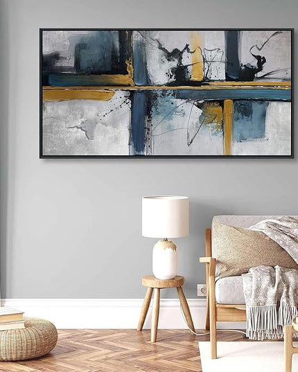 Abstract Canvas Wall Art Framed Modern Wall Art for Living Room Navy Blue Artwork for Walls, Above Bed Wall Decor With Navy and Gold for Bedroom and Living Room Office Pictures Wall Decor 24×48IN