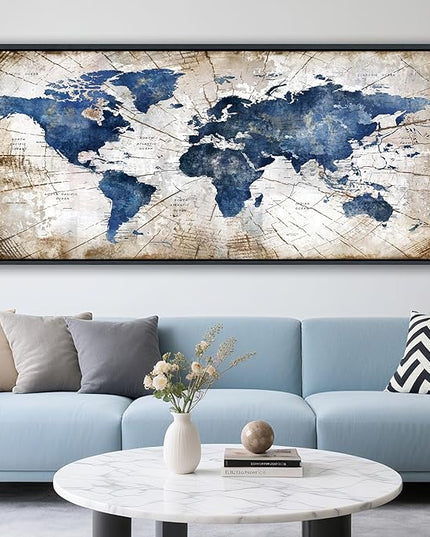 World Map Canvas Wall Art Navy World Maps for Wall Vintage Modern Wall Art for Office Framed Pictures for Living Room Bedroom Wall Decoration for Home Office Decor Artwork for Walls