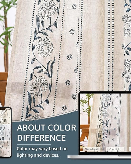 jinchan Winslow 96 Inch Curtains 4 Panel Set Embroidered Bordered Floral Curtains for Living Room Farmhouse Decor Light Filtering Window Treatments Blue on Beige Drapes 4 Panels
