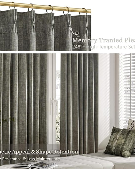 63 Inch Short Olive Green Linen Curtains 2 Panel Set for Small Windows,Pinch Pleated Ktichen Rustic Country Linen Light Filtering Drapes Privacy Back Tab Semi Sheer Curtains 63 Inches Length