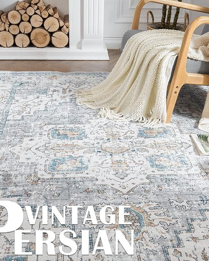jinchan Oriental 3x5 Area Rugs for Entryway - Machine Washable Non-Slip Doormat Ultra-Thin Low-Pile Vintage Floral Distressed Accent Rug for Entrance Bedroom Kitchen Living Room（3x5ft, Grey/Blue