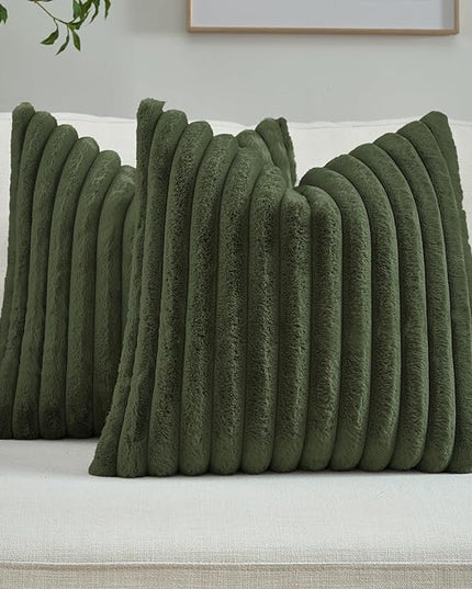 FUTEI Olive Green Throw Pillow Covers Set of 2, 22x22 Inch Striped Texture Cushion Cases with Soft Faux Rabbit Fur Front & Velvet Back, Modern Decorative Couch Pillows for Living Room