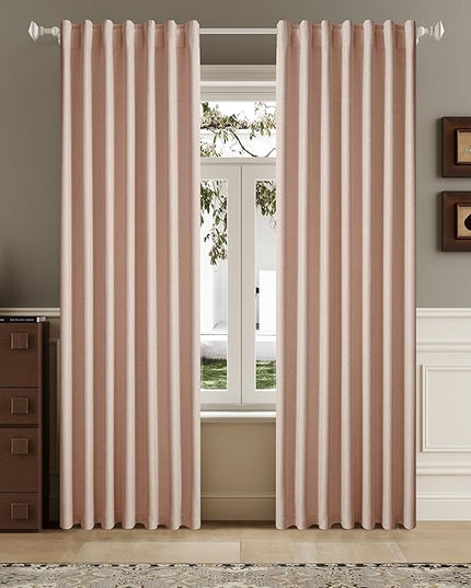 DUALIFE 90 Inch Blackout Baby Pink Curtains Boho, Thermal Insulated Curtains for Summer Heat for Bedroom Living Room Linen Pleated Drapes 90 Inches Long Rod Pocket(50W x 90L x 2 Panels)