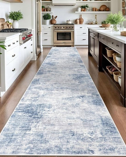 IOHOUZE Abstract Runner Rug 3x16 Ft Washable Runners for Hallways, Non Slip Kitchen Runner Printed Faux Wool Entryway Runner Indoor, Modern Abstract Floor Carpet for Hall Stair, Light Blue White