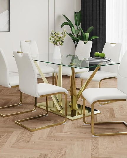 63'' Glass Dining Table for 4 or 6, 0.39" Tempered Glass Tabletop and Gold Stainless Steel Base, Large Dining Room Table for 6, Home Kitchen Table for Dining Room, Modern Dining Table for 6