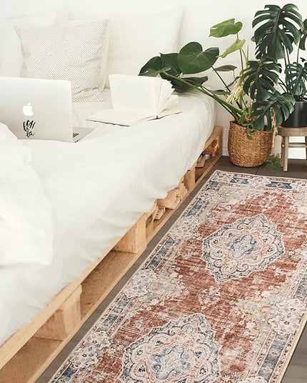 MUJOO Hallway Runner Rug Machine Washable 2'x6 ' Non Slip Boho Runner Rugs for Hallways Entryway Kitchen Bathroom Bedside Retro Soft Low-Pile Orange Navy Blue Flowers