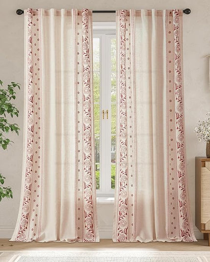 jinchan Winslow Linen Curtains for Bedroom 96 Inches Length Embroidered Bordered Floral Curtains for Living Room Farmhouse Decor Light Filtering Window Treatments Red on Beige Drapes 2 Panels