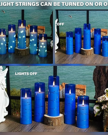 Flickering Flameless LED Candles,Battery Operated Candles 9 Pcs with Embedded Star String,Acrylic LED Pillar Candles with Remote,Suitable for Home Decoration to Create an Atmosphere (Blue)
