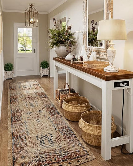 Cyclysio 63" Console Tables for Entryway, Long Console Tables for Living Room, Behind Couch Table, Sturdy Wood Support Farmhouse Entryway Table with 3AC+2USB Charging‌ Station, Rustic Oak