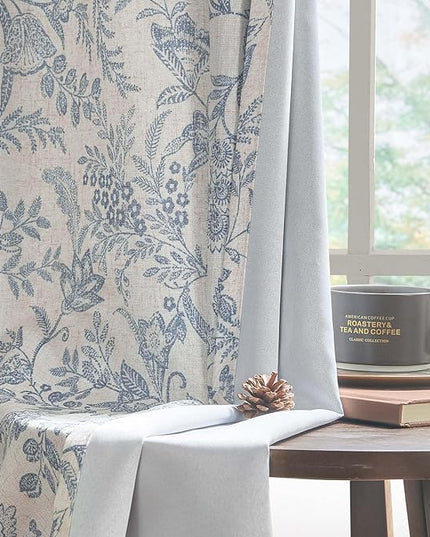 Lazzzy Blue Floral Farmhouse Linen Lined Curtain with 63 Inches Length Grommet Top Drapes for Living Room Bedroom Flower Patterned Country Vintage Curtains 2 Panels Set Green on Beige
