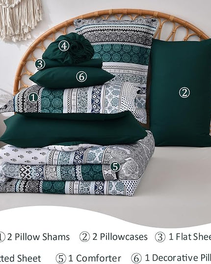 Cottolester Boho Comforter Set King Size,8 Pieces Emerald Green Bohemian Striped Bed in a Bag,Paisley Soft Microfiber Bedding Comforter Set