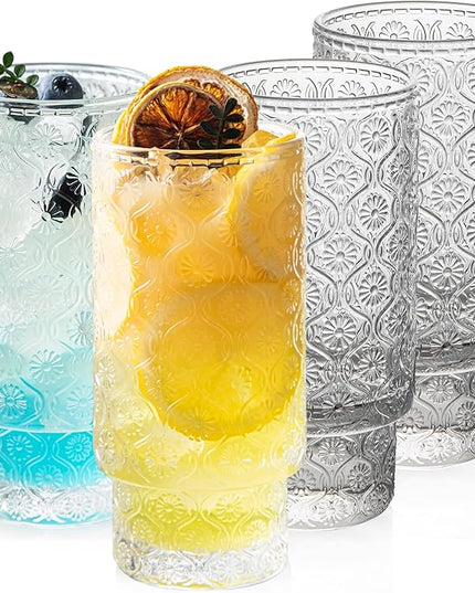 Drinking Glasses Set of 4, 16oz Textured Flower Design Cocktail Glasses, Stackable Old Fashioned Glass Cups, Vintage Glassware for a baby Shower Wedding for Kitchen and Bar - Dishwasher Clear