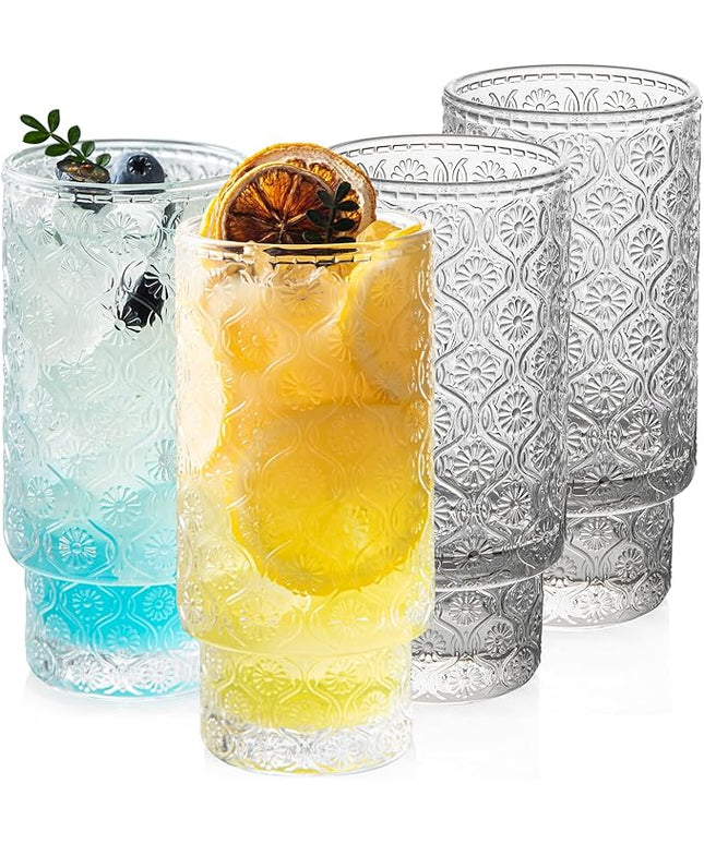 Drinking Glasses Set of 4, 16oz Textured Flower Design Cocktail Glasses, Stackable Old Fashioned Glass Cups, Vintage Glassware for a baby Shower Wedding for Kitchen and Bar - Dishwasher Clear