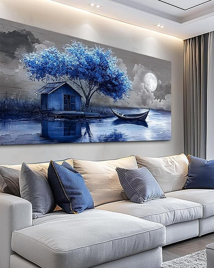 XIGUANGART Large Canvas Wall Art for Living Room Blue Boat and House Picture Paintings Abstract Art Prints Modern Ocean Scenery Artwork Tree of Life Poster for Bedroom Bathroom Office Home Wall Decor