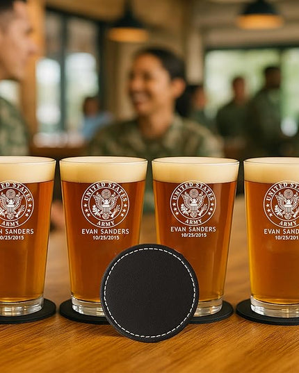 Personalized Military Gift Sets - Custom Engraved Decanter & 4 Scotch Glasses - Army, Navy, Air Force, Coast Guard - Active Duty & Veterans (Pint Glass Set)