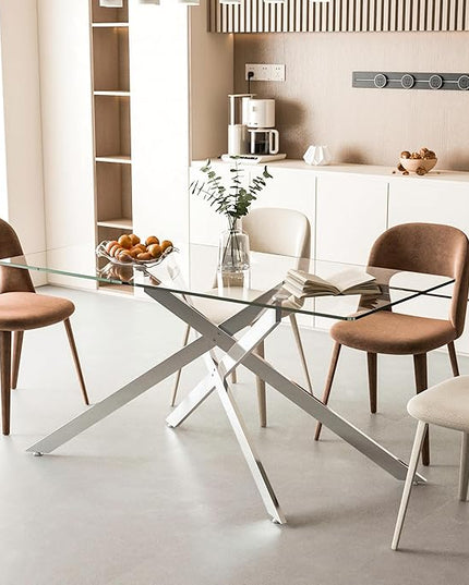 60" Rectangular Glass Dining Table Modern Kitchen Glass Top Table for 6 with Silver Metal Legs, Clear Dining Table Kitchen Table for Home Office Dining Room