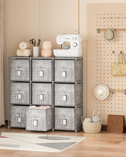 9 Cube Closet Organizer with Beautiful Printed Drawers + Labels, Storage Shelf, Toy Cubby Organizer