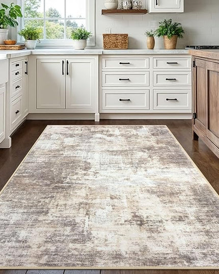 IOHOUZE Abstract Area Rugs 5x7 Ft Washable Rugs for Living Room, Non Slip Dining Room Rug, Printed Faux Wool Rugs for Bedroom, Floor Carpet for Office Nursery Playroom, Beige Brown