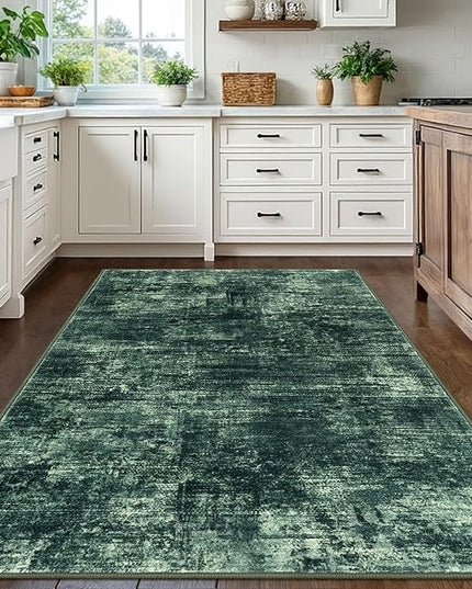 IOHOUZE Abstract Area Rugs 5x7 Ft Washable Rugs for Living Room, Non Slip Dining Room Rug, Printed Faux Wool Rugs for Bedroom, Floor Carpet for Kitchen Nursery Playroom, Dark Green