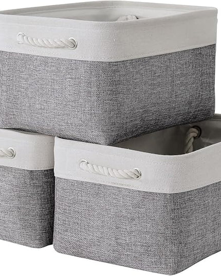 TheWarmHome Storage Bins for Shelves - 13.8L×9.8W×6.7H inch 3 Pack Medium Collapsible Storage Baskets for Organizing | Fabric Storage Cubes for Linen Closet Toy Home (White&Grey)