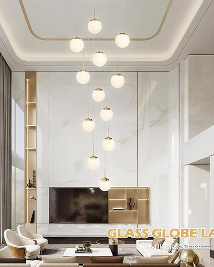 KoKo&Yukina 12-Light Gold Mid Century Modern Chandelier for Living Room Staircase Chandelier for Entryway Globe Milky White Glass Pendant Light High Ceiling Chandeliers Foyer (Bulb & Remote Incl.)