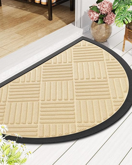 Smiry Half Circle Front Door Mat Outside Entrance, Heavy Duty Outdoor Indoor Natural Rubber Doormat, Non Slip, Trap Dirt and Moisture, Easy Clean, Low Profile Patio Porch Entryway Mat, 29.5x17, Beige