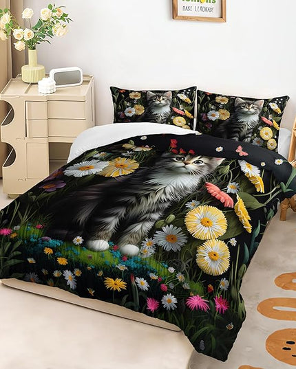 AILONEN Cute Cat Comforter Set Full Size,Beautiful Flower Printed Bedding Set for Boys Girls,Cartoon Pet Cat Animal Themed Quilt with 2 Pillowcases,3Pcs