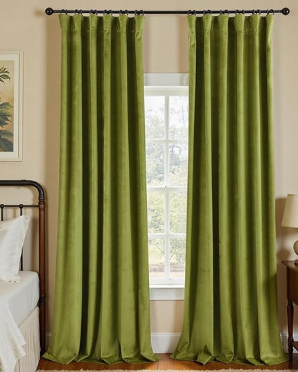 KOUFALL 120 Inch Velvet Blackout Curtains,10 FT 10FT Extra Long Luxury Olive Green Pleated Drapery Panels with Hooks for Traverse Rod