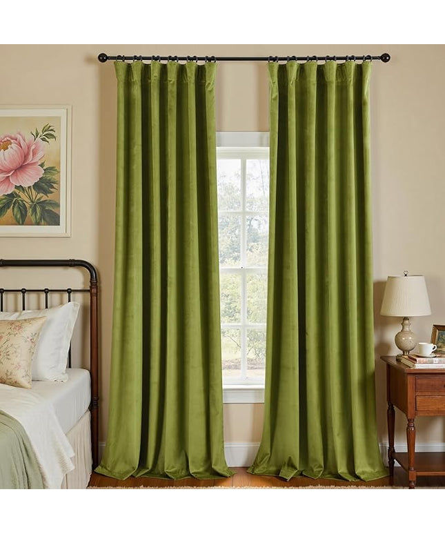 KOUFALL French Country Velvet Room Darkening Black Out Curtains 96 Inch Long 2 Panel Set Olive Green Romantic Blackout Cottagecore Curtains for Bedroom Living Room