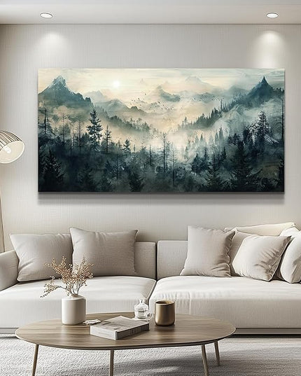 KELIYUAN Misty Forest Wall Art Home Decor Mountain View Large Canvas Wall Painting Nature Landscape Painting For Living Room Bedroom Office Modern Printed Artwork Can Be Hung Directly 24x48 Inches