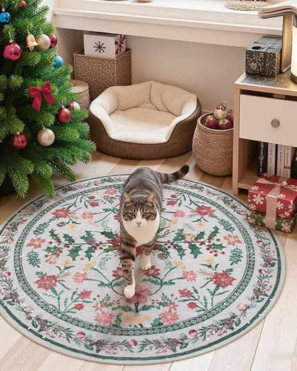 Wonnitar Christmas Decorations for Bedroom, Round Christmas Rug for Entryway Indoor, 4ft Washable Circle Rug Holiday Decor Non Slip Small Round Carpet for Living Room Kids Room Bathroom Xmas Tree