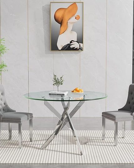 Round Glass Dining Table Set for 2, 47'' Clear Circular Kitchen Table and Chairs Set, 3PCS Modern Circle Dining Room Table Set with 2 Velvet Dining Chair for Home