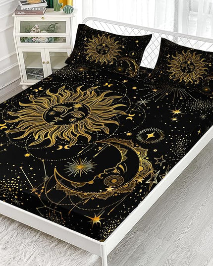 AILONEN Sun and Moon Fitted Sheet Queen Size, Boho Hippie Style Bedding Sheet,Starry Night with Astrology Pattern Sheet Set for Boys Girls,1 Fitted Sheet 2 Pillowcases,3 PCS,Perfect for Adult Rooms