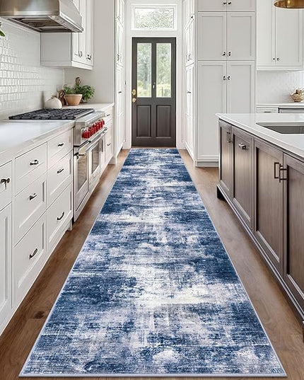 IOHOUZE Abstract Runner Rug 3x18 Ft Washable Runners for Hallways, Non Slip Kitchen Runner Printed Faux Wool Entryway Runner Indoor, Modern Abstract Floor Carpet for Hall Stair, Navy/Grey