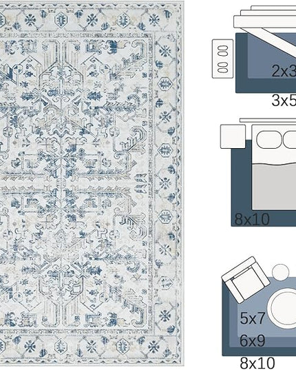 jinchan Lima Washable Area Rug 3x5 Entryway Rug - Distressed Vintage Floral Ultra-Thin Low-Pile Soft Non-Shedding Indoor Floor Carpet for Kitchen Bedroom Entrance Laundry Living Room (3x5ft, Blue)
