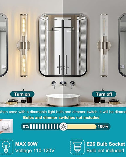 Bathroom Vanity Light Fixtures, Nickel Wall Sconces in Threaded Glass, Modern Wall Light for Bathroom Living Room Bedroom, Hallway