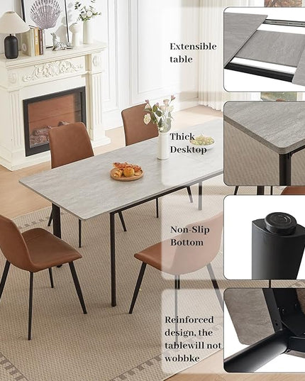 63"- 78.7" Extendable Dining Table with 6 Brown Dining Chairs, Modern Kitchen Table Set for 6, Thickened Expandable MDF Wooden Table with Metal Legs for Dining Room, Kitchen, Home