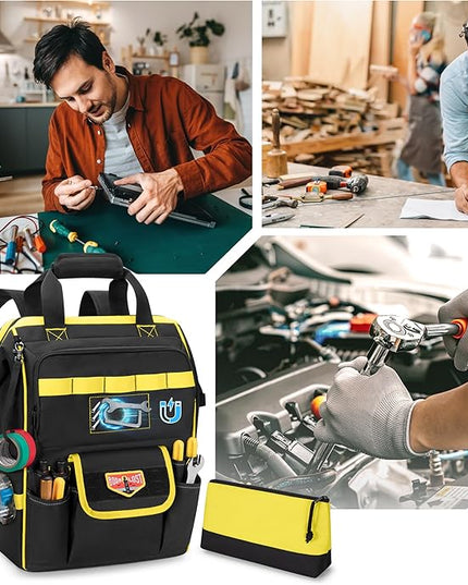 Tool Bag Backpack with Zipper Pouch and Magnetic Attraction Area, Heavy-Duty Tool Storage Organizer Bag, Tactical Work Tool Bag for Electrician, Repairman, HVAC Techs, Black