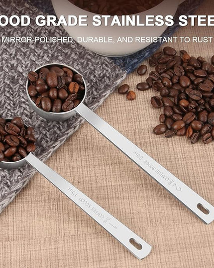 Coffee Scoop Set, Tablespoon Scoop 2 Pc Set (1 Tbsp & 2 Tbsp), Stainless Steel Measuring Spoons for Ground Coffee with Long Handles, for Tea, Sugar, or Flour